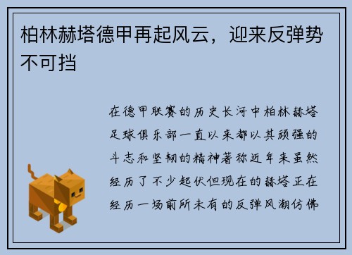 柏林赫塔德甲再起风云，迎来反弹势不可挡