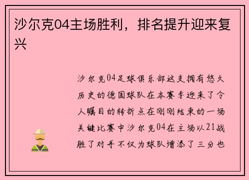 沙尔克04主场胜利，排名提升迎来复兴
